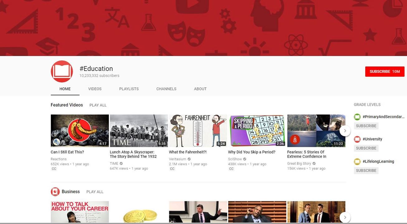 kênh #Education với hơn 10 triệu người đăng ký của Youtube